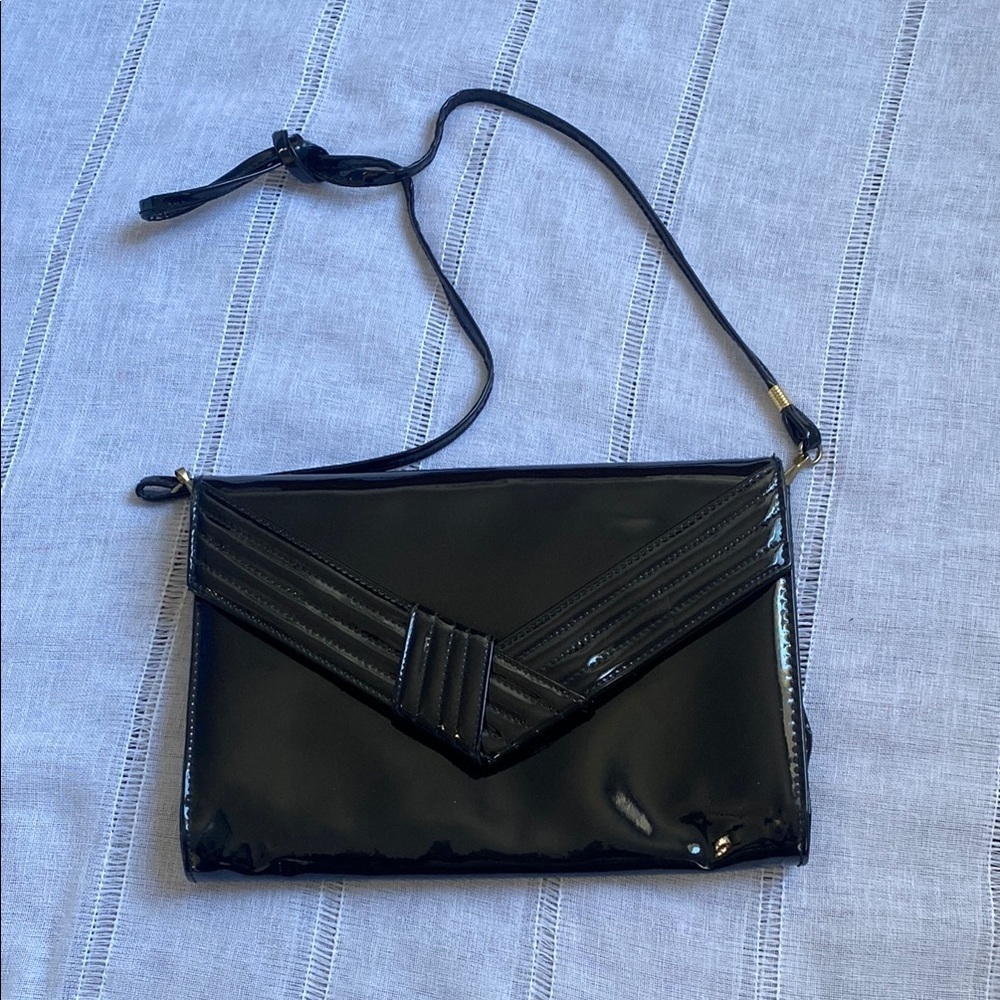 80s Black Patent Leather Envelope Clutch